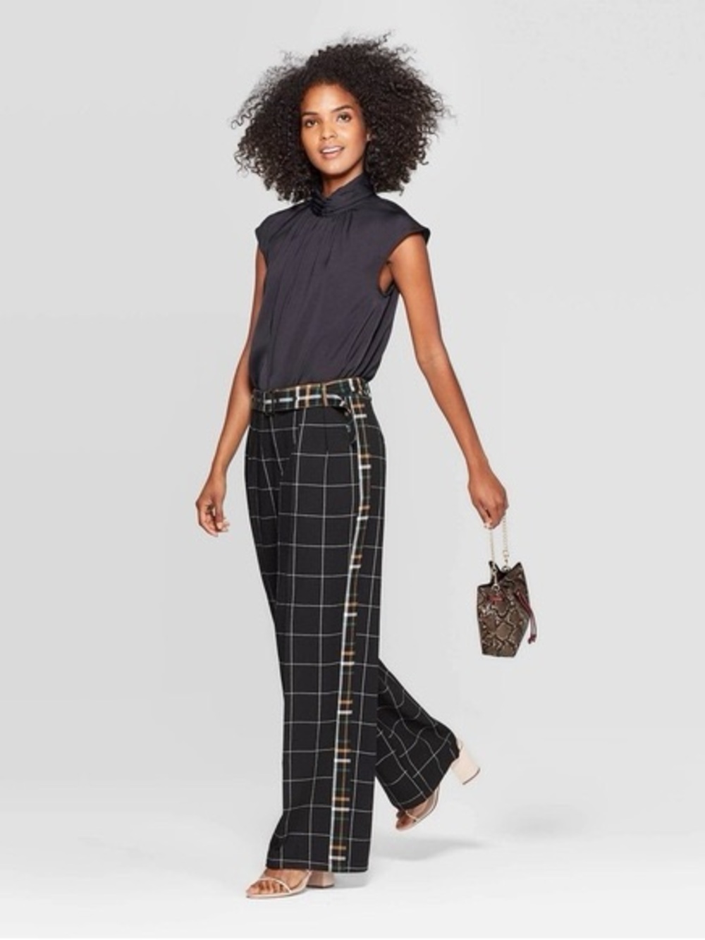 Black Plaid Wide-Leg Pants with Side Stripe size 8